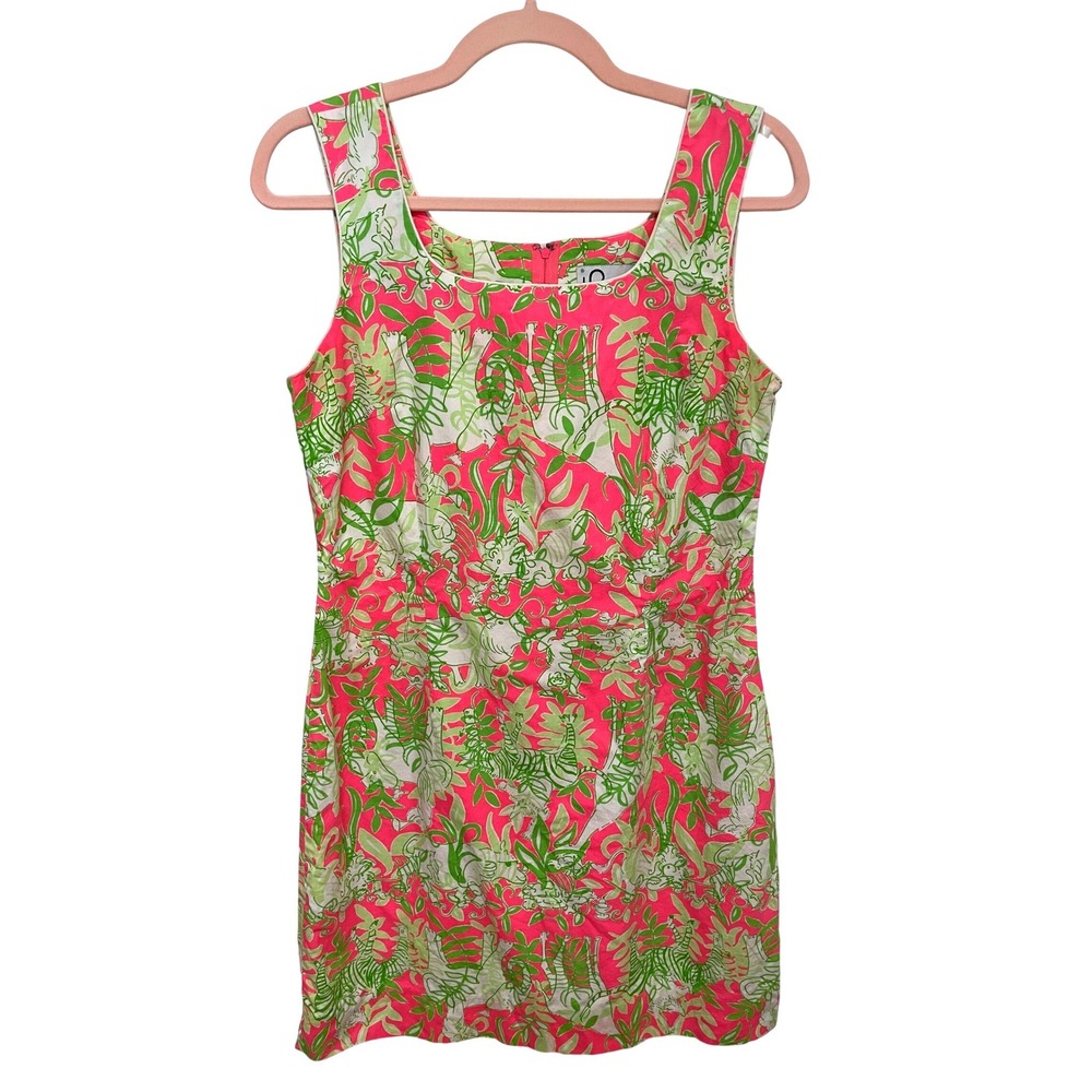 Lilly Pulitzer Vintage Shift Dress Pink Green Safari Jungle Animal Print Cotton - Picture 1 of 5